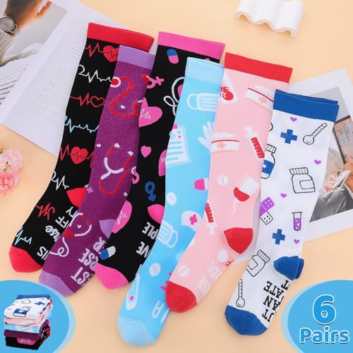 Jspupifip 6 Pairs Plus Size Compression Socks for Women, Wide Calf 3X-Large Black White Blue Pink Purple