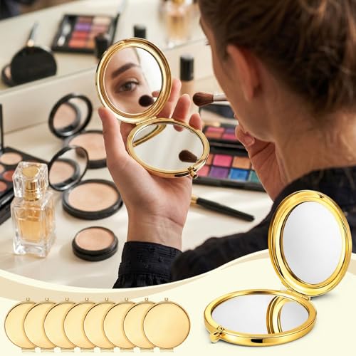 10 Pcs Compact Mirror for Purse, Double-Sided 1X/2X Magnifying Mini Pocket Mirror, Metal Round Shell, Portable Folding Handheld Travel Makeup Mirrors, Elegant Gold