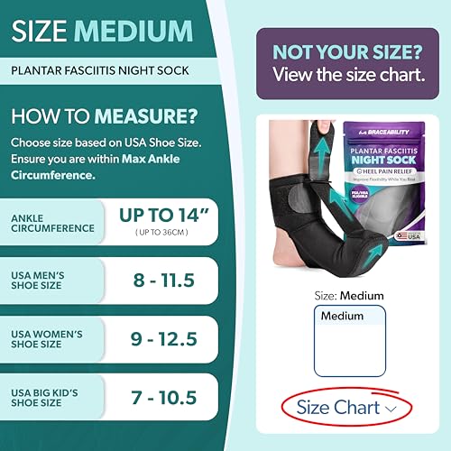BraceAbility Plantar Fasciitis Relief Night Splint Sock - Soft Achilles Tendonitis Brace for Women and Men, Foot Drop, Planters Facetious Night Sling Boot for Sleeping and Stretching Support (M) Medium (Men’s 8-11.5 / Women’s 9-12.5)