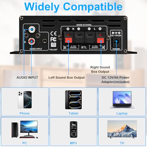 Stereo Amplifier Home Audio Receiver AK-390,AMP Speaker Bluetooth 5.0 Amplifier 400W+400W 2 Channels with 12V/3A Power Amplifier HiFi Amplifier FM Radio,(BT,USB, AUX, Mic)Input for Home Party Black-AK390