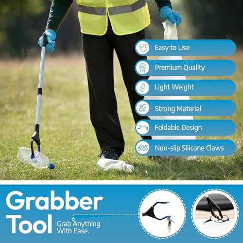 FitPlus 2024 Upgrade PowerGrip T9, Grabber Reacher Tool, Wide Jaw, Foldable, Steel Cable, with 96 Grip Points for Firm Grip, 32" with Magnet 32 Inch (Pack of 1) Blue