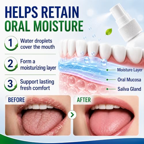 Dry Mouth Spray, Oral Moisturizing Spray for Dry Mouth Comfort, Alcohol Free & Sugar Free with Xylitol, Sodium Hyaluronate & Aloe, Natural Mint Fresh Breath Spray for Adults, 60ml