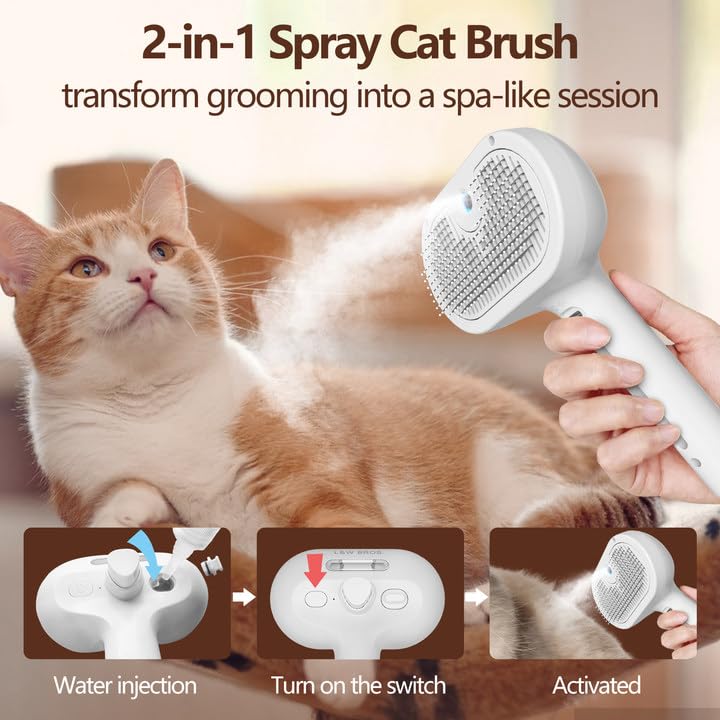 L&W BROS. Self-Cleaning Spray Cat Brush for Shedding, Removes Static Flying Hair, and Works Wonders for Both Long and Short-Haired Pets 2 In 1 Steam Brush for Cats And Dogs Grooming (White) White - BeesActive Australia