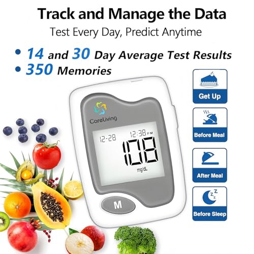 CareLiving BGM101 Blood Glucose Monitor Kit, 100 Test Strips, 100 Lancets, 1 Blood Glucose Meter, 1 Lancing Device, Diabetes Testing Kit, Portable Blood Sugar Test Kit, Glucometer Kit for Home