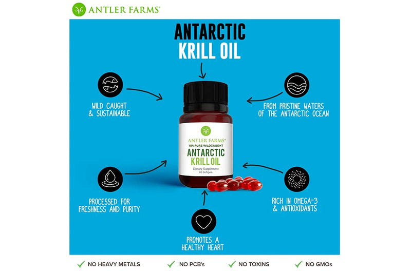 Antler Farms - 100% Pure Wild Caught Antarctic Krill Oil from Cold, Pristine Waters, 60 Softgels – Clean, Omega-3 EPA + DHA Supplement w/Astaxanthin, Rapid Absorption (Pack of 2) 60 Count (Pack of 2)