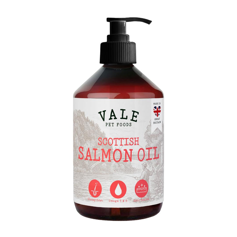 Vale Pet Foods Scottish Salmon Oil for Dogs & Cats UK - Omega 3 6 9 Supplement Dog Food Topper for Joints Skin, Coat, Heart Health & Natural Coat - Natural Fish Oil for Dogs, Puppy, 500ml