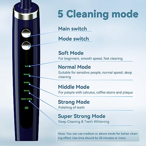 Tooth Polisher Electric Professional with USB Rechargeable, Tooth Polisher 5 Replacement Heads, IPX6 Waterproof for Adults &Kids Blue
