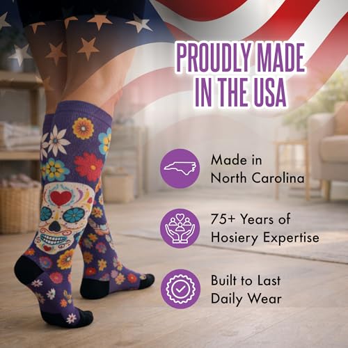 Crazy Compression Over-the-Calf Socks with Fun Designs Large-X-Large Calavera Purple (Wide)