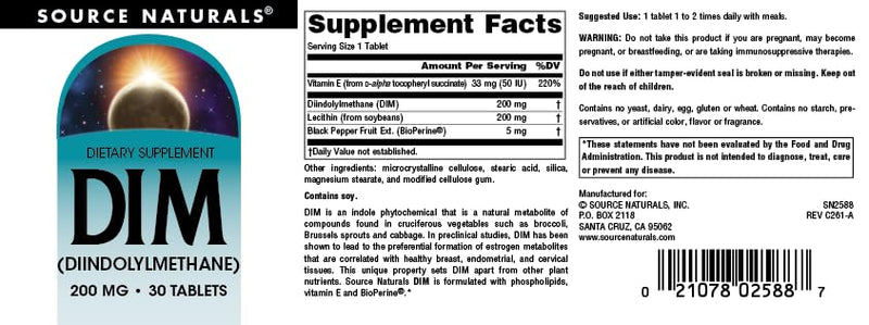 Source Naturals, DIM, Diindolylmethane - 200mg - 30 Tablets | Supports Womens Health | Made With BioPerine, Vitamin E & More | Contains Soy