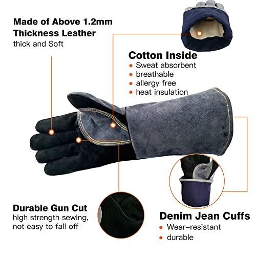 WZQH 16 In,932℉,Welding Gloves,Fireplace Glove,Fire & Heat Resistant,L Large (Pack of 1) Black-gray