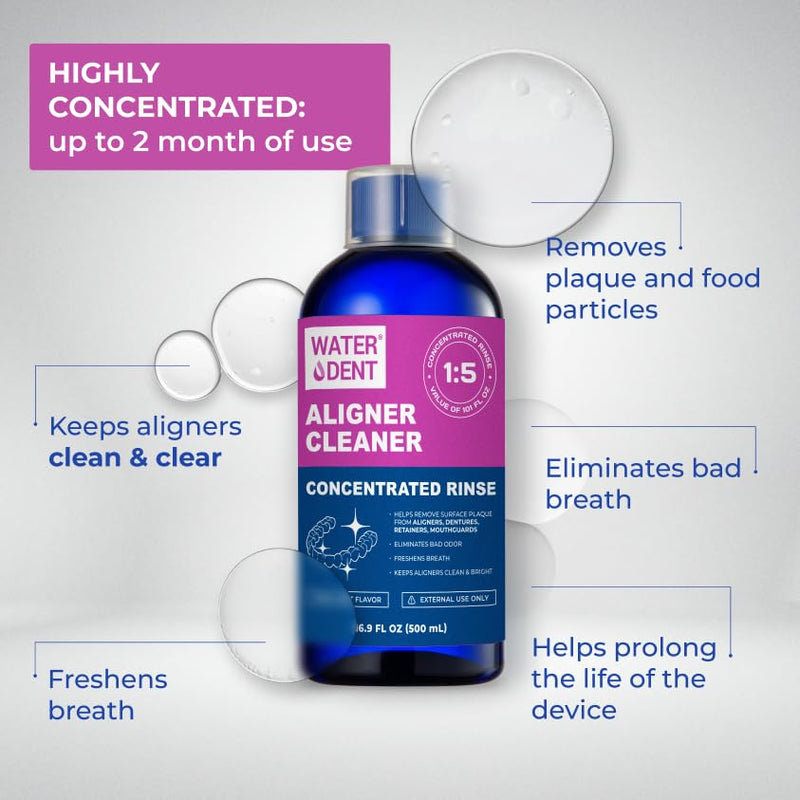 WATER DENT Retainer & Aligner Cleaner – Liquid Soak for Clear Aligners, Retainers, Dentures, Mouth Guards & Night Guards, Ultrasonic Compatible, Alcohol Free, Mint, 16.9 fl oz, Made in USA 16.9 Fl Oz (Pack of 1)