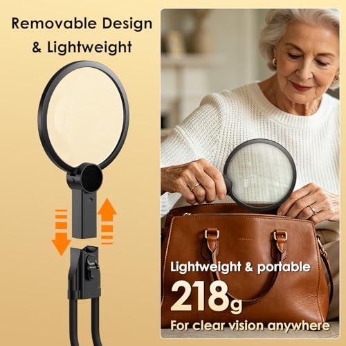 5X Large Rechargeable Hands Free Magnifying Glass with Light for Close Work Black