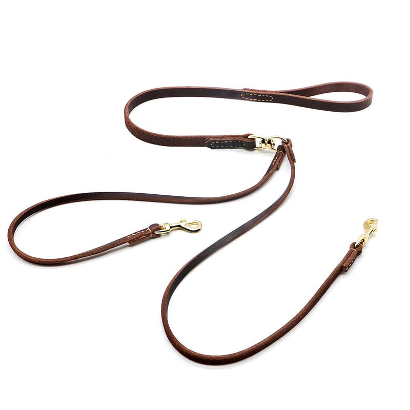Real Leather Double Dog Leash, No Tangle Dual Dog Leashes with Heavy Duty Shiny Coupler, 5 Feet Pet Training and Walking Leads for 2 Puppies, Small and Medium Dogs, Brown - BeesActive Australia