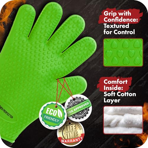 KITCHEN PERFECTION Silicone Smoker Oven Gloves -Extreme Heat Resistant BBQ Gloves-Handle Hot Food Right on Your Grill Fryer&Pit|Waterproof Grilling Cooking Baking Mitts |Superior Value Set +2 Bonuses Green One Size