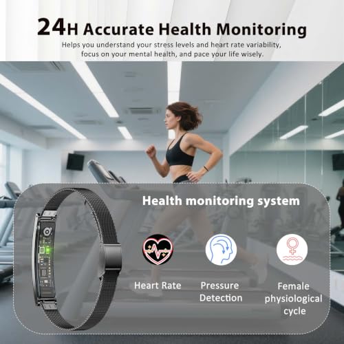 Smart Bracelet Fitness Health Tracker for Men Women with 2 Bands Black Steel + Black Silicone