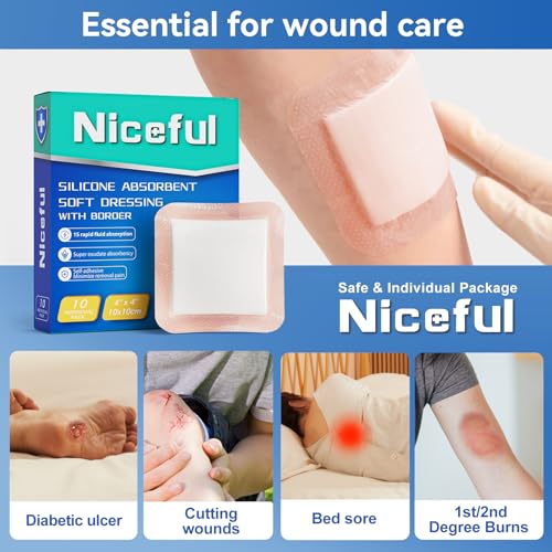 Niceful Silicone Super Absorbent Wound Dressing-4"× 4" Self-Adhesive Bandages for Wound Care, FSA HSA Eligible, Ultra Soft Wound Pads for Bed Sores Leg Ulcers Burns, 10 4"x 4"