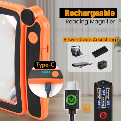 Rechargeable Magnifying Glass with Light for Reading, 6X Large Page Lighted Magnifier for Seniors Low Vision, Folding Handheld Rectangle Magnifier for Reading Small Print Orange-Black Orange Black