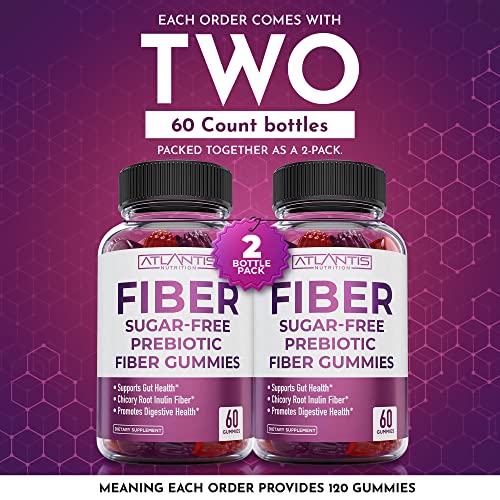 Atlantis Nutrition Sugar Free Fiber Gummies for Adults - 5G Fiber Supplement Formulated with 5.4G Prebiotic Digestive Blend/Serving - Supports Gut Health & Healthy Digestion - 2-Pack 120 Gummies 60 Count (Pack of 2)