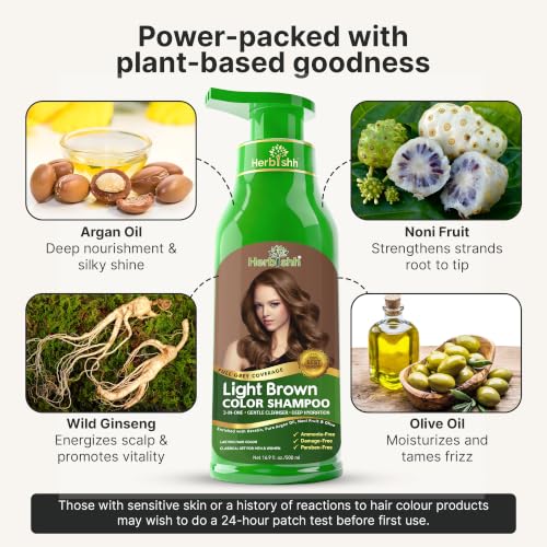 Herbishh Light Brown Hair Dye Shampoo for Gray Hair Coverage 500ml