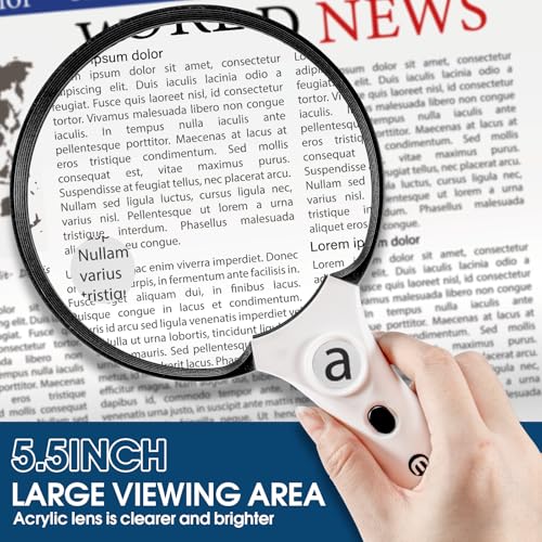 Large Magnifying Glass with Light, Magnifier Handheld Illuminated Lighted Magnifier with 3 LED Lights 1 UV Light Storage Bag Clean Cloth for Seniors Reading Inspection Black