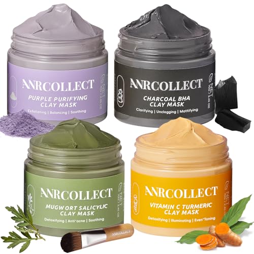 ANRCOLLECT Face and Lip Skincare Set with Clay Mask Set(4 Pack) and 1 Lip Care Kit(2 Lip Scrub and 2 Lip Mask)