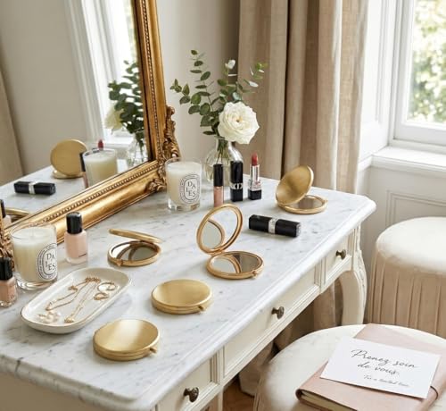 Magnifying Compact Double-Sided 1X/2X Round Pocket Handheld Travel Makeup Portable Pocket Mirror (5, Gold) 5