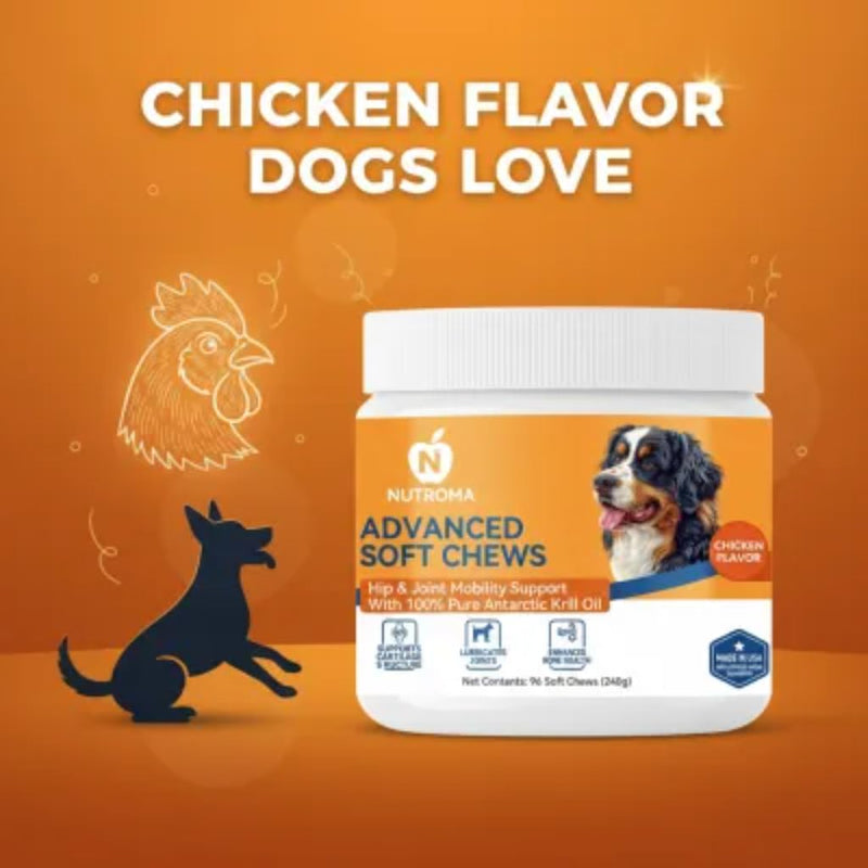Advanced Soft Chews for Dogs – Hip & Joint Mobility Support with Antarctic Krill Oil, Eggshell Membrane & Hyaluronic Acid – 96 Chews (Chicken) Chicken