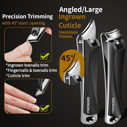 EBEWANLI Nail Clippers Set, Ultra Sharp Nail Clippers for Men, Slanted Angled Ingrown Toenail Clipper and Curved Fingernail Clipper Cutters, Stainless Steel Finger Nail Clippers Adult Black-set
