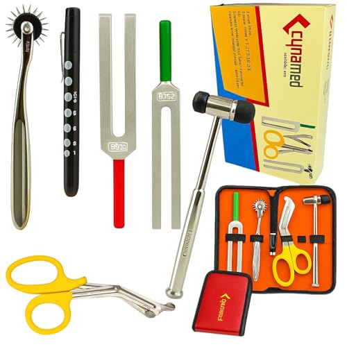 Cynamed Set of 6 pcs Reflex Percussion Buck Hammer + Penlight +Tuning Fork C 128 C 512 + Bandage Scissors 7.25" + Wartenberg Pinwheel (Set of 6)