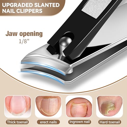 Toenail Clippers for Adults – 6-in-1 Thick & Ingrown Toenail Clippers Set, Large Straight & Slanted Nail Clippers, Heavy Duty Wide Jaw Nail Cutter with Long Handle for Men and Women Black