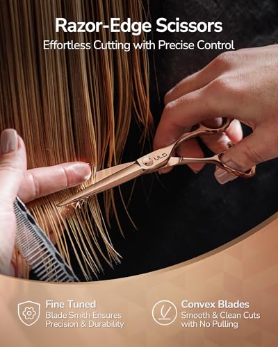 ULG Professional Hair Cutting Scissors with Luxury 18K Rose Gold Finish 6.5" Barber Scissors 440C Japanese Stainless Steel Hand-Honed Razor Sharp Blades Offset Handles Tension Adjustable, Right-Handed Rose Gold-6.5 Inch-right