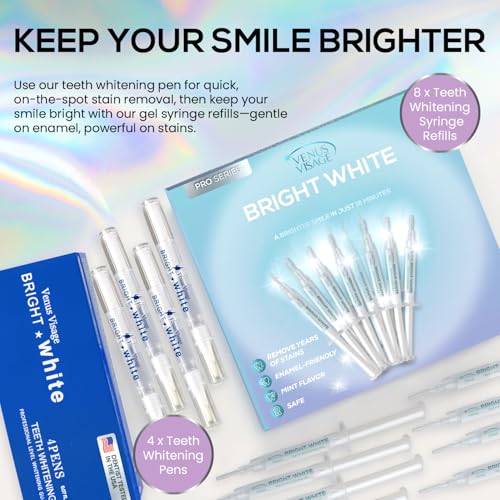 Venus Visage Teeth Whitening Pen (4 Pack) and Teeth Whitening Gel Syringes Refill (8 Pack, 0.1 fl oz) - Carbamide Peroxide Tooth Paint Whitener Bundle, Low Sensitivity and Enamel-Safe - Mint Flavor