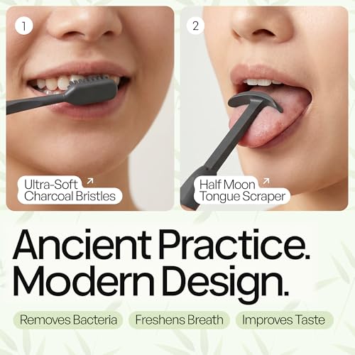 TOKII Tongue Scraper & Tongue Cleaner for Adults, 2-in-1 Toothbrush with Sliding Tongue Scraper, Charcoal Ultra Soft Bristles, Ayurvedic-Inspired, Includes Travel Toothbrush, Stand & Waterproof Pouch Black 1 Count (Pack of 1)