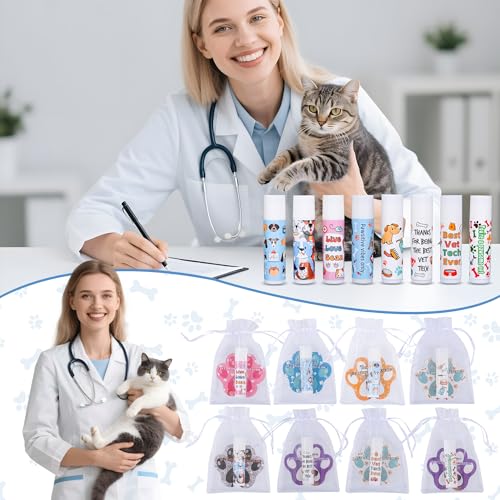 24 Pcs Vet Tech Gift Veterinary Appreciation Gifts Include Lip Balm Thank You Tag Organza Bag Veterinarian Week Gift for Veterinary Technologist Nurse Suitable Birthday Christmas Thanksgiving Gifts 24