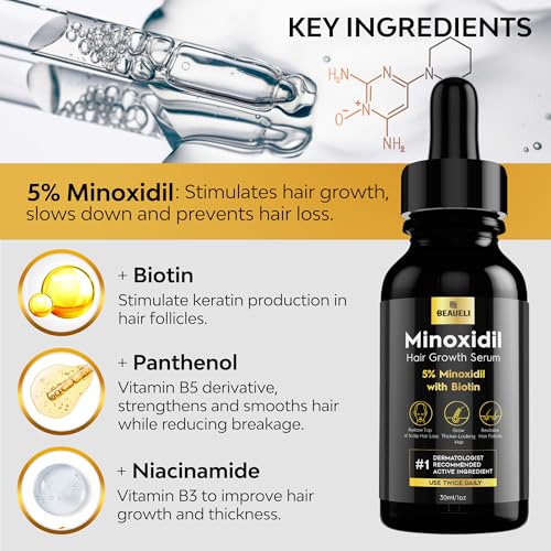 Beaueli 5% Minoxidil for Men and Women, Hair Growth, Beard Growth, Hair Regrowth, Unscented Drop, 3 Fl Oz, 3 Bottles 1 Fl Oz (Pack of 1) 30ml - 3 bottles