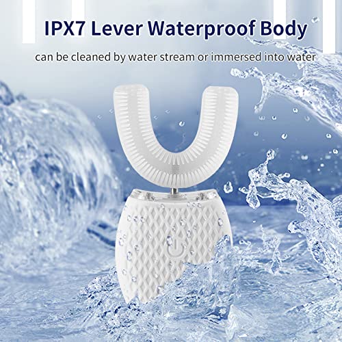 Ultrasonic Adult Electric Toothbrush，Sonic Toothbrush 360° Oral Cleaning Wireless Charging & LED Light|IPX7 Waterproof U-Shaped Brush Head Protects Gums White