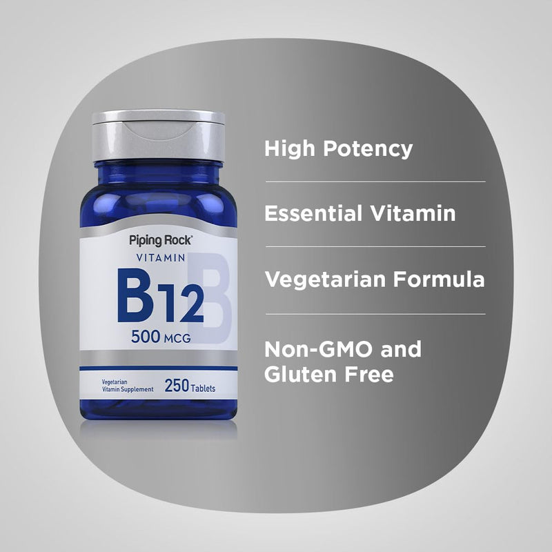 Piping Rock Vitamin B12 | 500 mcg | 250 Tablets | Supplement for Women and Men | as Cyanocobalamin | Vegetarian, Non-GMO, Gluten Free