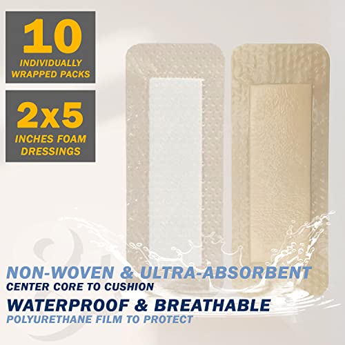 EVERLIT Care Silicone Foam Dressing with Adhesive Border | Highly Absorbent Hypoallergenic Bandages for Chronic Wounds, Bed Sores, Pressure Ulcers | Gentle & Secure Adhesion (2" x 5" | 10 Pack) 2" x 5" | 10 Pack