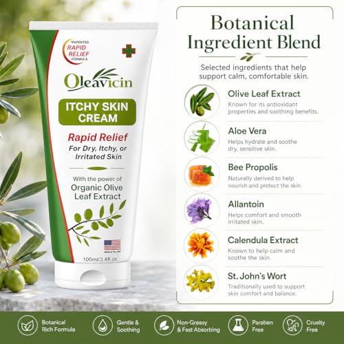 Oleavicin Extra Strength Anti-Itch Cream - Itchy Skin Cream for Fast Itch Relief - Natural Anti Itch Cream for Adults & Kids - Organic Olive Leaf Extract - Steroid-Free Rash Relief for Sensitive Skin 1 Pack