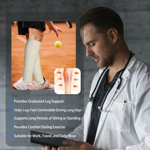 LEVSOX Cotton Compression Socks for Women&Men 20-30mmHg Knee High Cute Support Sock for Nurses Pregnancy Travel 2 Pairs-grey&beige Medium-Large