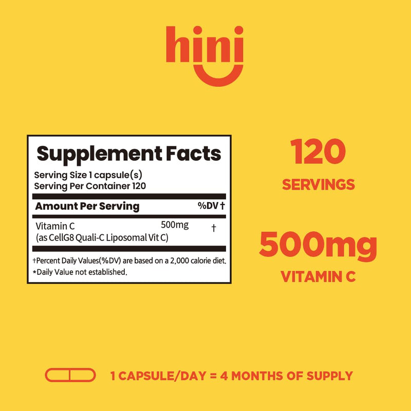 HINI Liposomal Vitamin C 500mg, High Absorption Vitamin C Supplement with CellG8 Quali-C, Daily Immune & Antioxidant Support, 1 Capsule Daily, 120 Servings