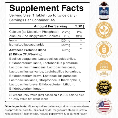 Oral Probiotics for Teeth and Gums - 3BN CFU Lactobacillus Salivarius Acidophilus Rhamnosus Streptococcus - Bad Breath Treatment for Adults - 45 Chewable Mint Dental Probiotic Tablets for Women & Men 45 Count (Pack of 1)