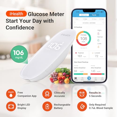 iHealth Gluco+ Wireless Smart Glucose Monitor Kit, 100 Strips & 100 Lancets BG5S100