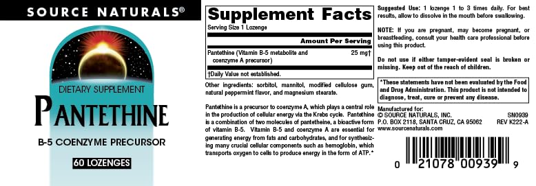 Source Naturals Pantethine B-5 Coenzyme Precursor, 25 mg - 60 Lozenges 1 60 Count (Pack of 1)