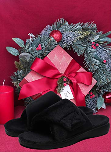 SOLLBEAM Women's Plantar Fasciitis Fuzzy House Orthopedic Adjustable Slippers With Arch Support Orthotic Heel Cup Sandals For Ladies 11 Black