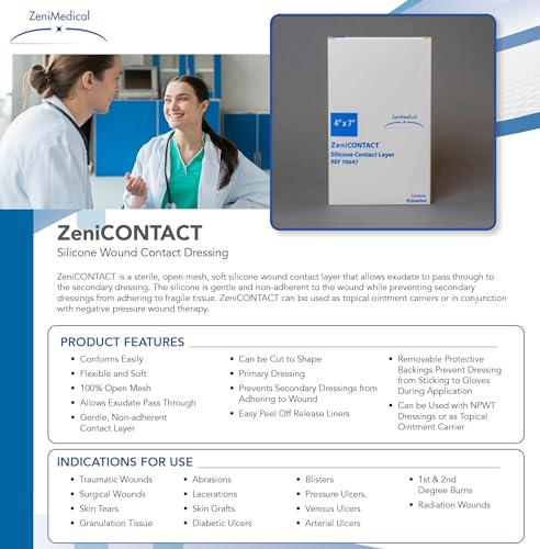 ZeniContact (4" x 7") Silicone Contact Wound Dressing, Sterile, 100% Open Mesh Non-Adhering Dressing, Can be Cut to Shape, Flexible & Soft, Primary Dressing, 10/Box
