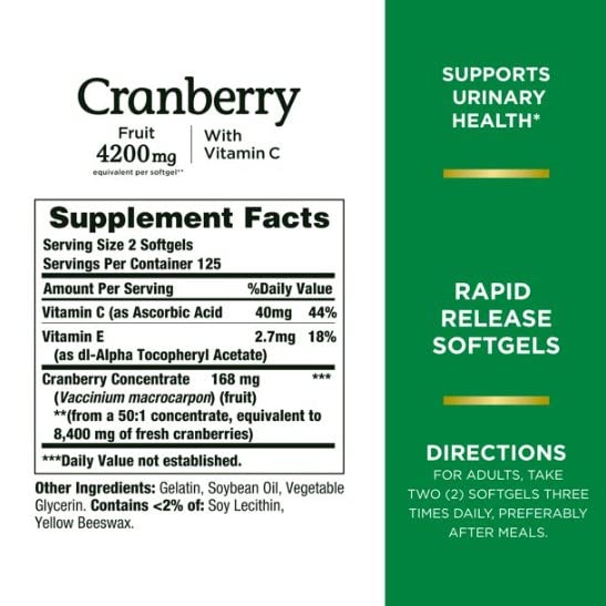Nature's Bounty Cranberry Fruit 4200 mg, Plus Vitamin C, 120 Softgels