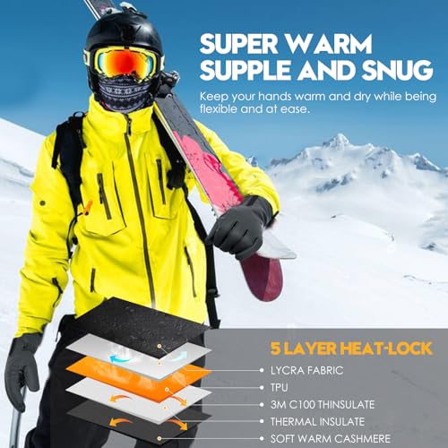 Bruvoalon Y322 Winter Gloves for Men & Women, -10℉ Touchscreen 5-Layer Thermal Insulated, Windproof Anti-Slip Ski Gloves Gray Medium