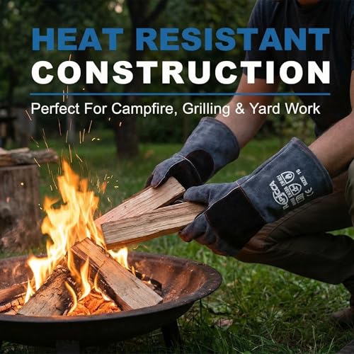 RAPICCA Fireplace Fire Pit Gloves, 932°F Fireproof Leather, 16in Dark Grey Dark-grey(length 16in)