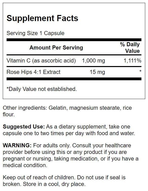 Swanson Vitamin C with Rose Hips 1000 Milligrams 30 Capsules | Helps Fortify Immune Health with Antioxidant Support, Promoting Eye, Heart and Metabolic Health and Collagen Production